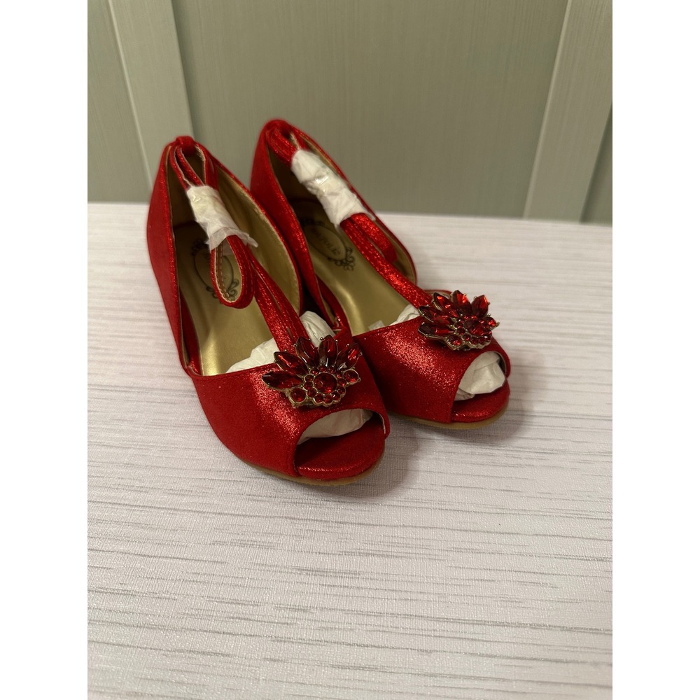 Arabella Red Shimmer Peep Toe T-Strap Low Wedge Dress Shoes Girls Size T10